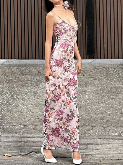 Floral Print Backless Maxi Dress