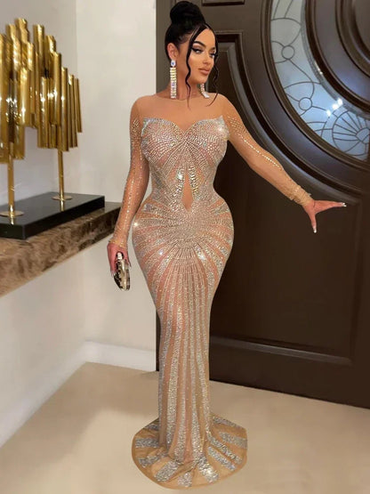 XIZOU Women Mesh Patchwork Diamonds Hot Rhinestones Floor Length Bodycon Mermaid Maxi Dress Sexy Party Evening Vestidos 2024