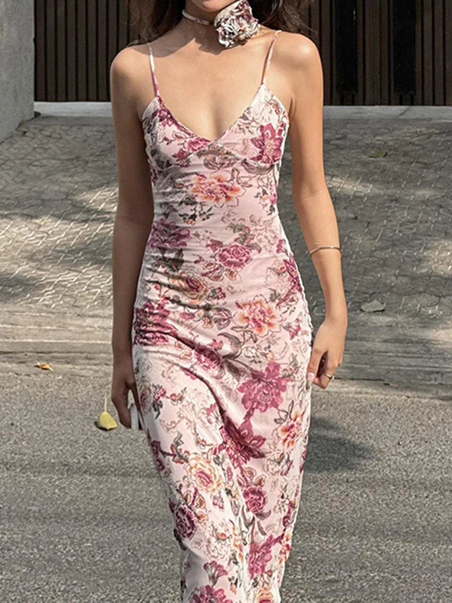 Floral Print Backless Maxi Dress