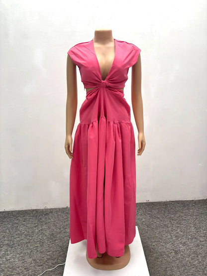 CM.YAYA Women Short Sleeve Tie Up Open Waist Deep V-neck Maxi Long Dress 2025 Summer Sexy Club Party Even Beach Vestidos Dresses
