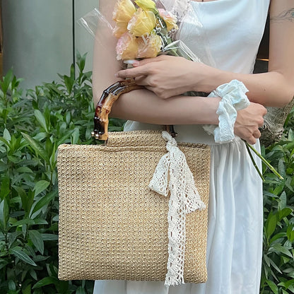 Large Woven Straw Tote with Bamboo Handle