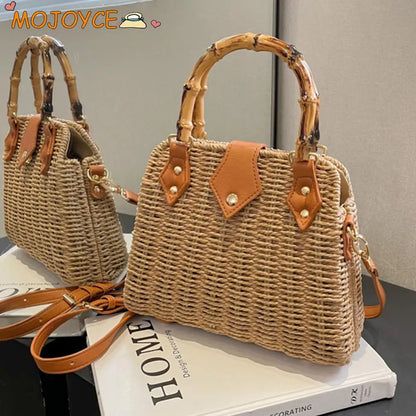 Hand-Woven Bamboo Handle Beach Bag
