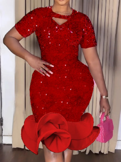Sequined Velvet Elegant Church Dresses for Women Event Short Sleeve Cut Out V Neck Mermaid Ruffle Wedding Guest Evening Birthday
