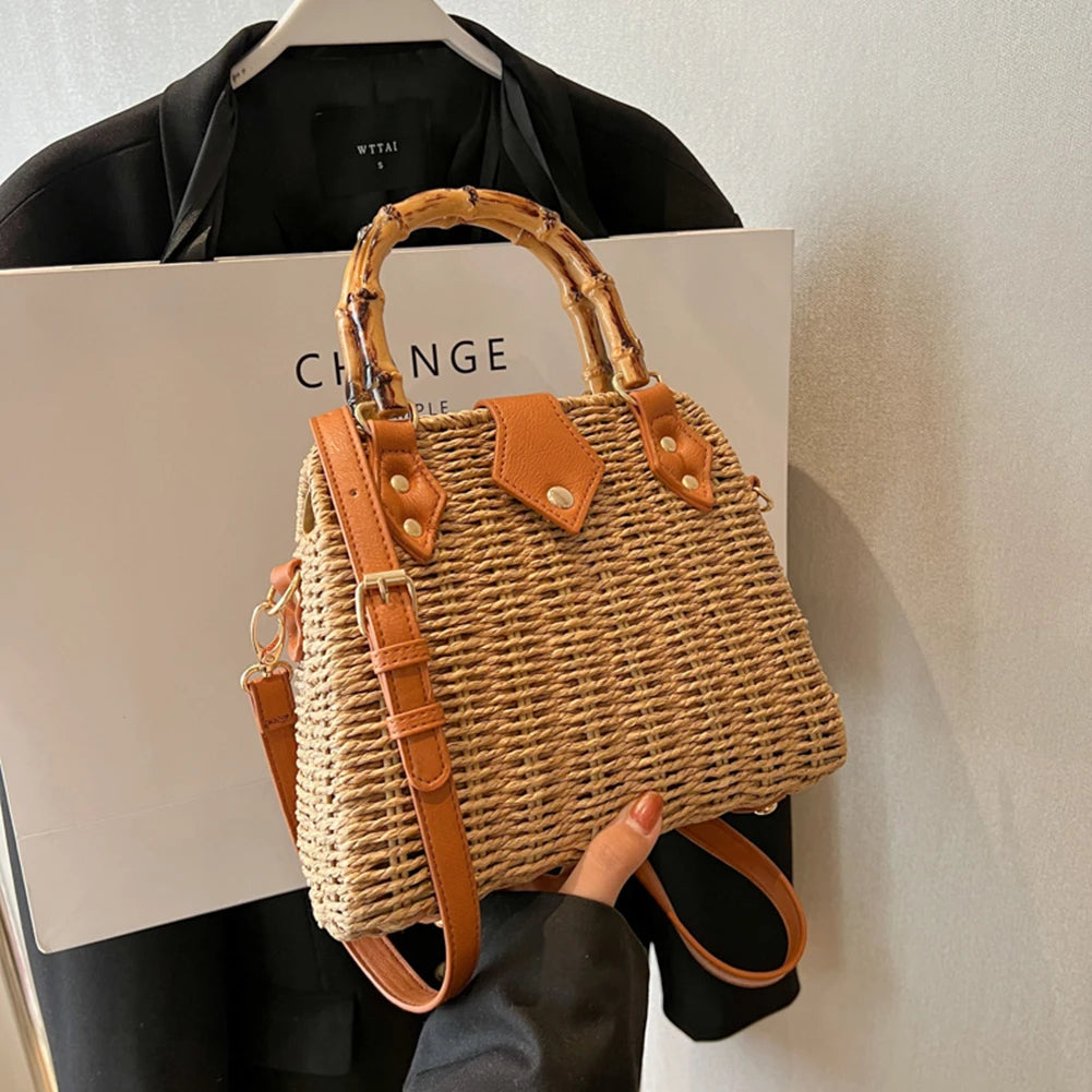 Hand-Woven Bamboo Handle Beach Bag