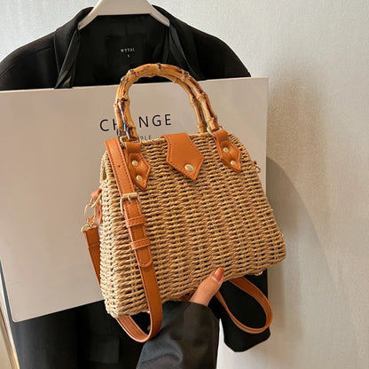 Hand-Woven Bamboo Handle Beach Bag