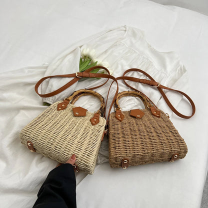 Hand-Woven Bamboo Handle Beach Bag