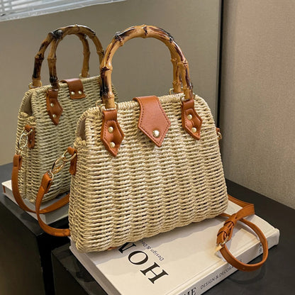 Hand-Woven Bamboo Handle Beach Bag