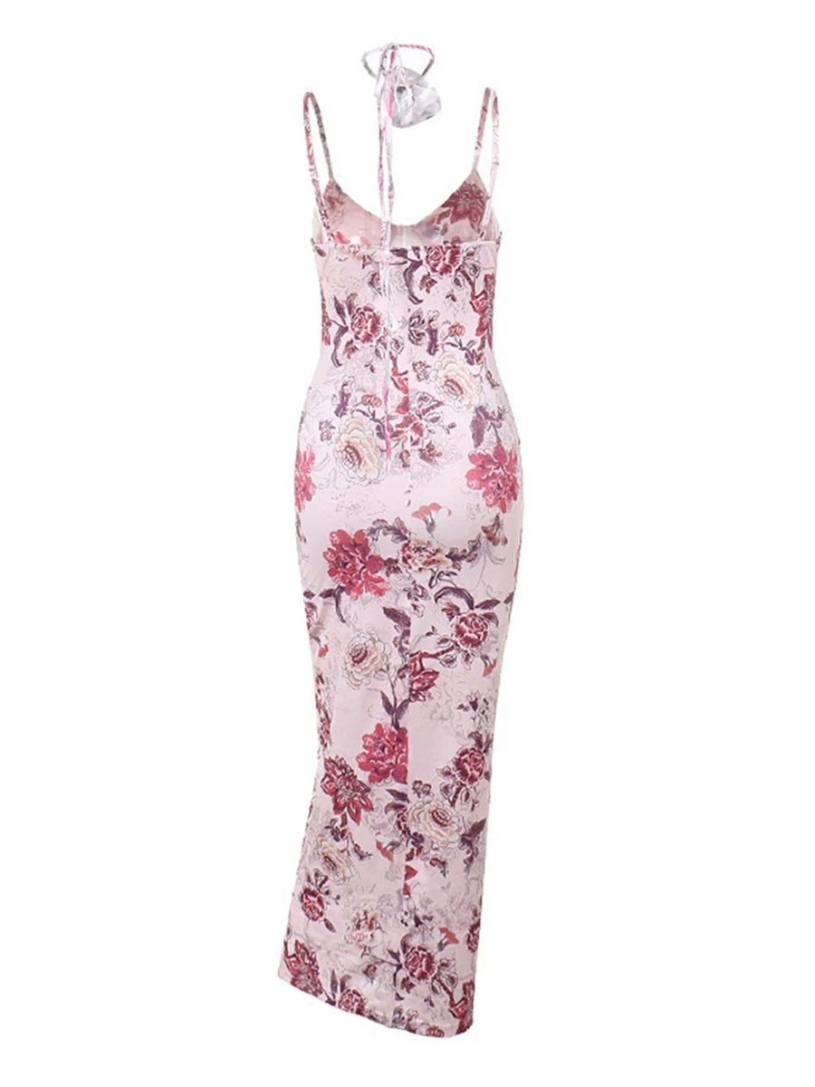 Floral Print Backless Maxi Dress