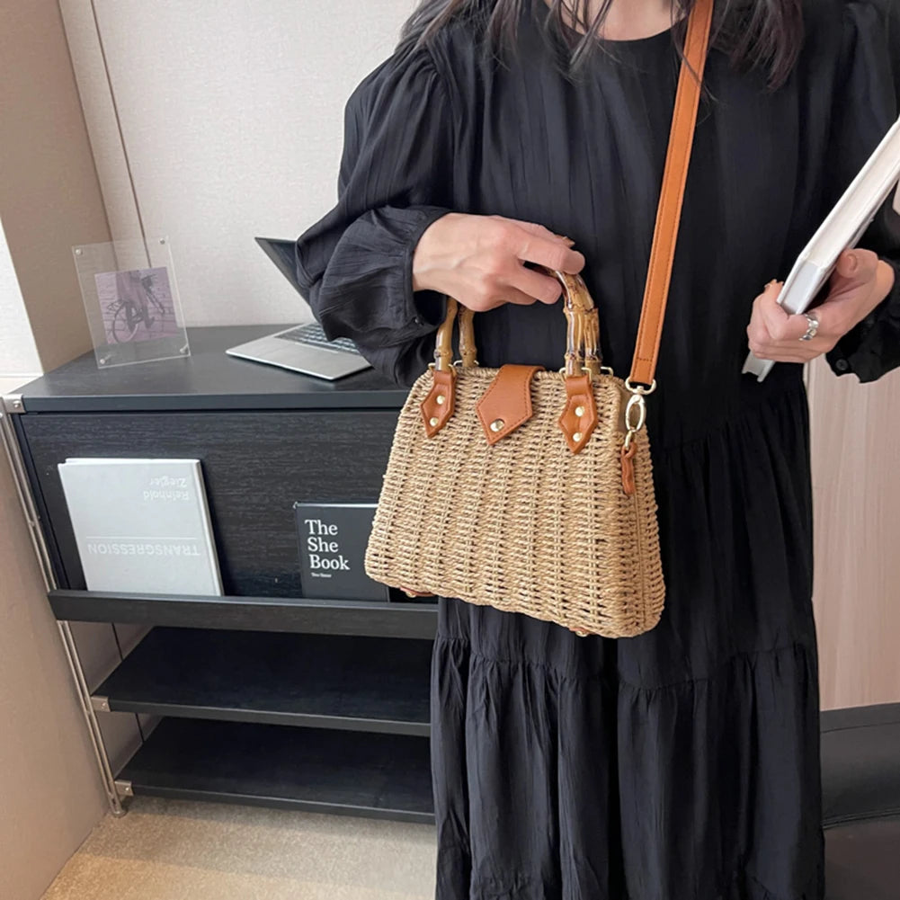 Hand-Woven Bamboo Handle Beach Bag