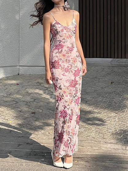 Floral Print Backless Maxi Dress