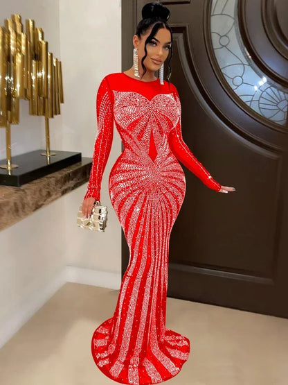 XIZOU Women Mesh Patchwork Diamonds Hot Rhinestones Floor Length Bodycon Mermaid Maxi Dress Sexy Party Evening Vestidos 2024