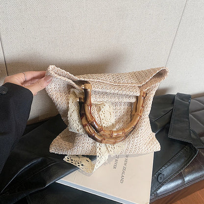 Large Woven Straw Tote with Bamboo Handle