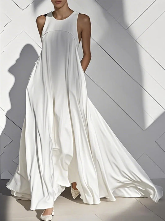 Yeezzi White Maxi Dresses For Women Summer Sleeveless Pockets Solid Color Split-Joint Round-Neck Loose Simple Pleated Long Dress