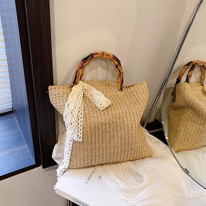 Large Woven Straw Tote with Bamboo Handle
