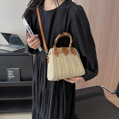 Hand-Woven Bamboo Handle Beach Bag