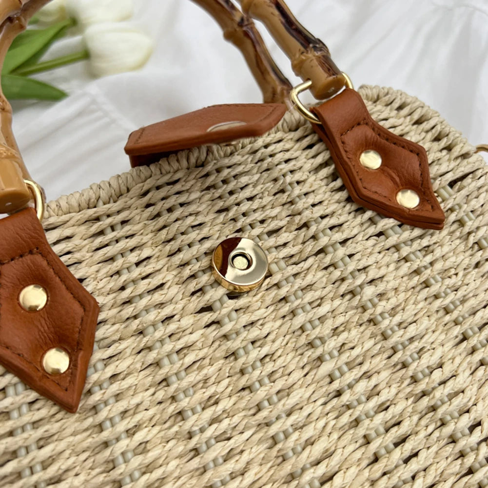 Hand-Woven Bamboo Handle Beach Bag