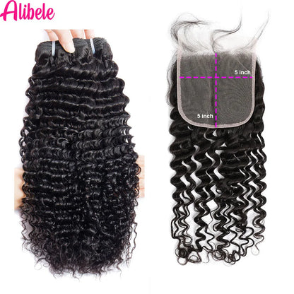 Alibele 5x5 Lace Closure With Bundles Peruvian Deep Curly Hair Bundles With 4x4 Lace Closure Remy Human Hair Bundles WithClosure