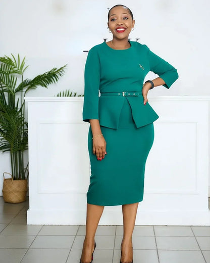 Elegant Church Dresses for Women Peplum Hidden Belly Long Sleeves Midi Classy Modest Female African Gowns Office Ladies New Fall