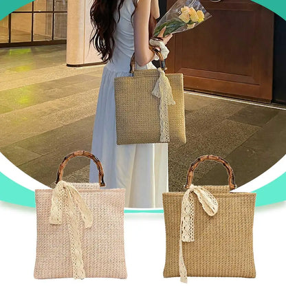 Large Woven Straw Tote with Bamboo Handle