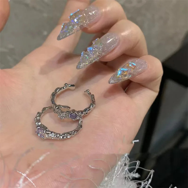 New Y2K Purple Crystal Irregular Heart Rings for Women Kpop Creative Heart Geometric Open Ring Punk Vintage Fashion Jewely Gifts