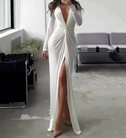 Elegant and Pretty Women's Dress 2024 V-Neck Long Sleeve Solid Slim Pleated Dress Pleated Slit Long Sleeve Date Party Dress