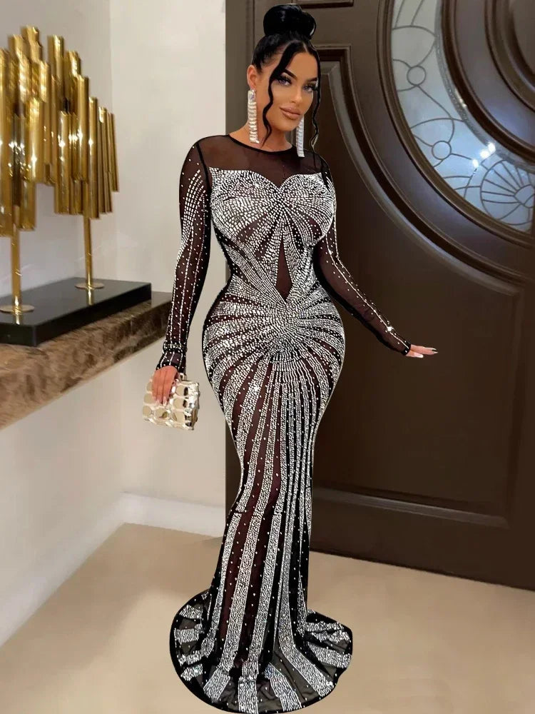 XIZOU Women Mesh Patchwork Diamonds Hot Rhinestones Floor Length Bodycon Mermaid Maxi Dress Sexy Party Evening Vestidos 2024