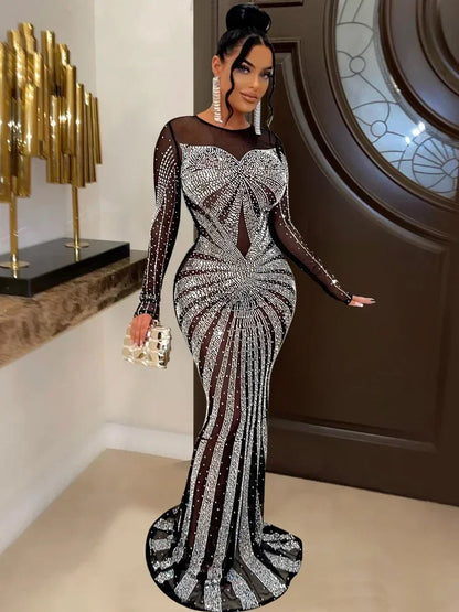 XIZOU Women Mesh Patchwork Diamonds Hot Rhinestones Floor Length Bodycon Mermaid Maxi Dress Sexy Party Evening Vestidos 2024