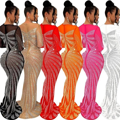 XIZOU Women Mesh Patchwork Diamonds Hot Rhinestones Floor Length Bodycon Mermaid Maxi Dress Sexy Party Evening Vestidos 2024