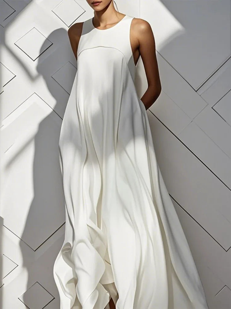Yeezzi White Maxi Dresses For Women Summer Sleeveless Pockets Solid Color Split-Joint Round-Neck Loose Simple Pleated Long Dress