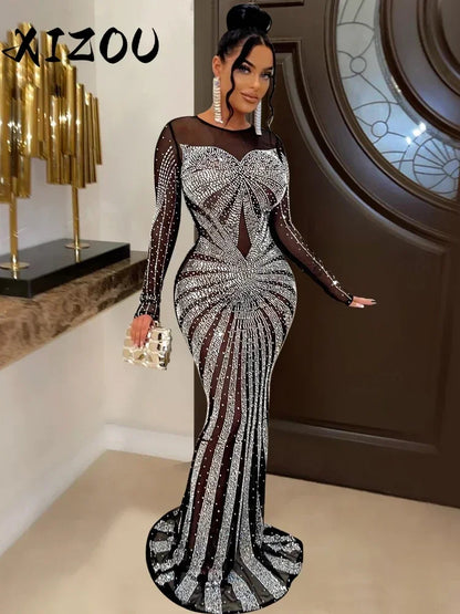 XIZOU Women Mesh Patchwork Diamonds Hot Rhinestones Floor Length Bodycon Mermaid Maxi Dress Sexy Party Evening Vestidos 2024