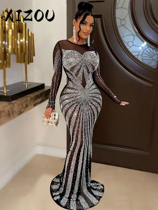 XIZOU Women Mesh Patchwork Diamonds Hot Rhinestones Floor Length Bodycon Mermaid Maxi Dress Sexy Party Evening Vestidos 2024