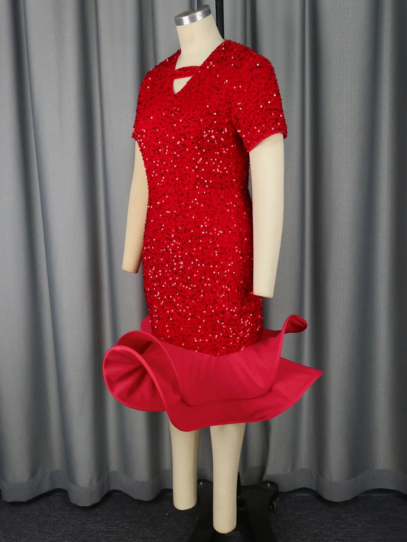 Sequined Velvet Elegant Church Dresses for Women Event Short Sleeve Cut Out V Neck Mermaid Ruffle Wedding Guest Evening Birthday