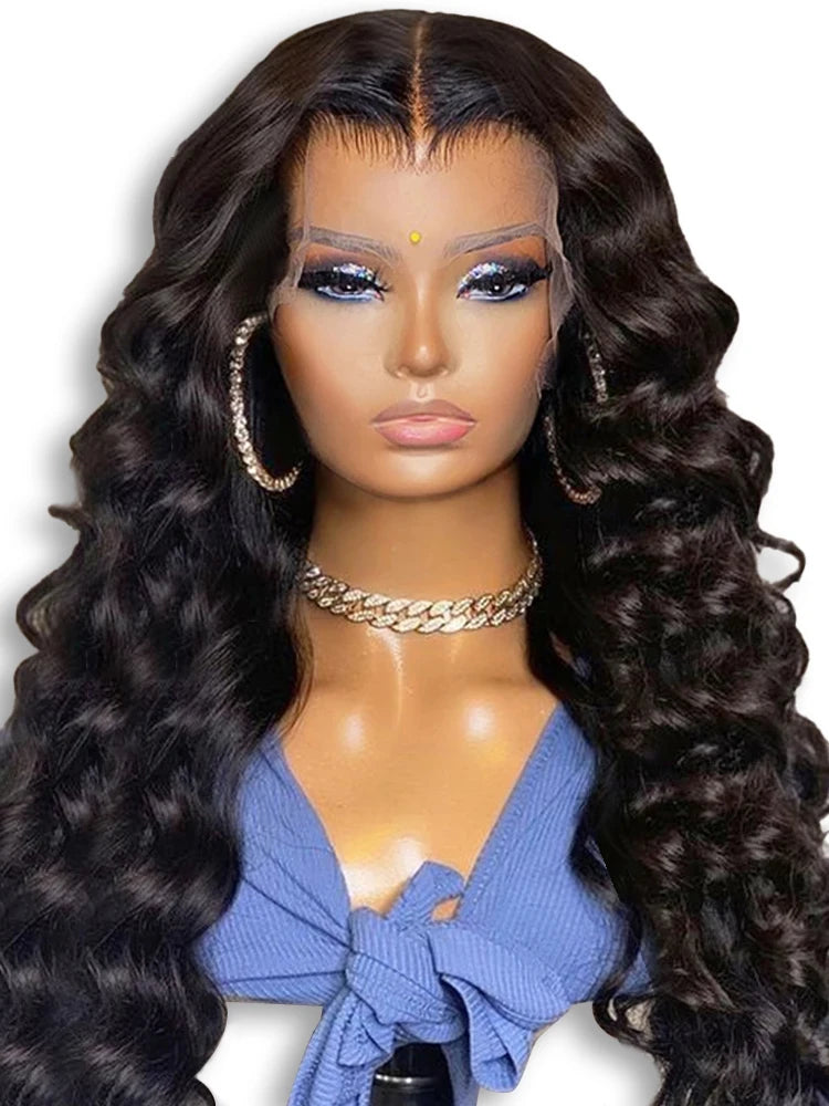 250 Density Loose Deep Wave Human Hair Frontal Wig 13x6 HD Lace Brazilian Curly Glueless Wigs 100% Human Hair Ready To Wear 38In