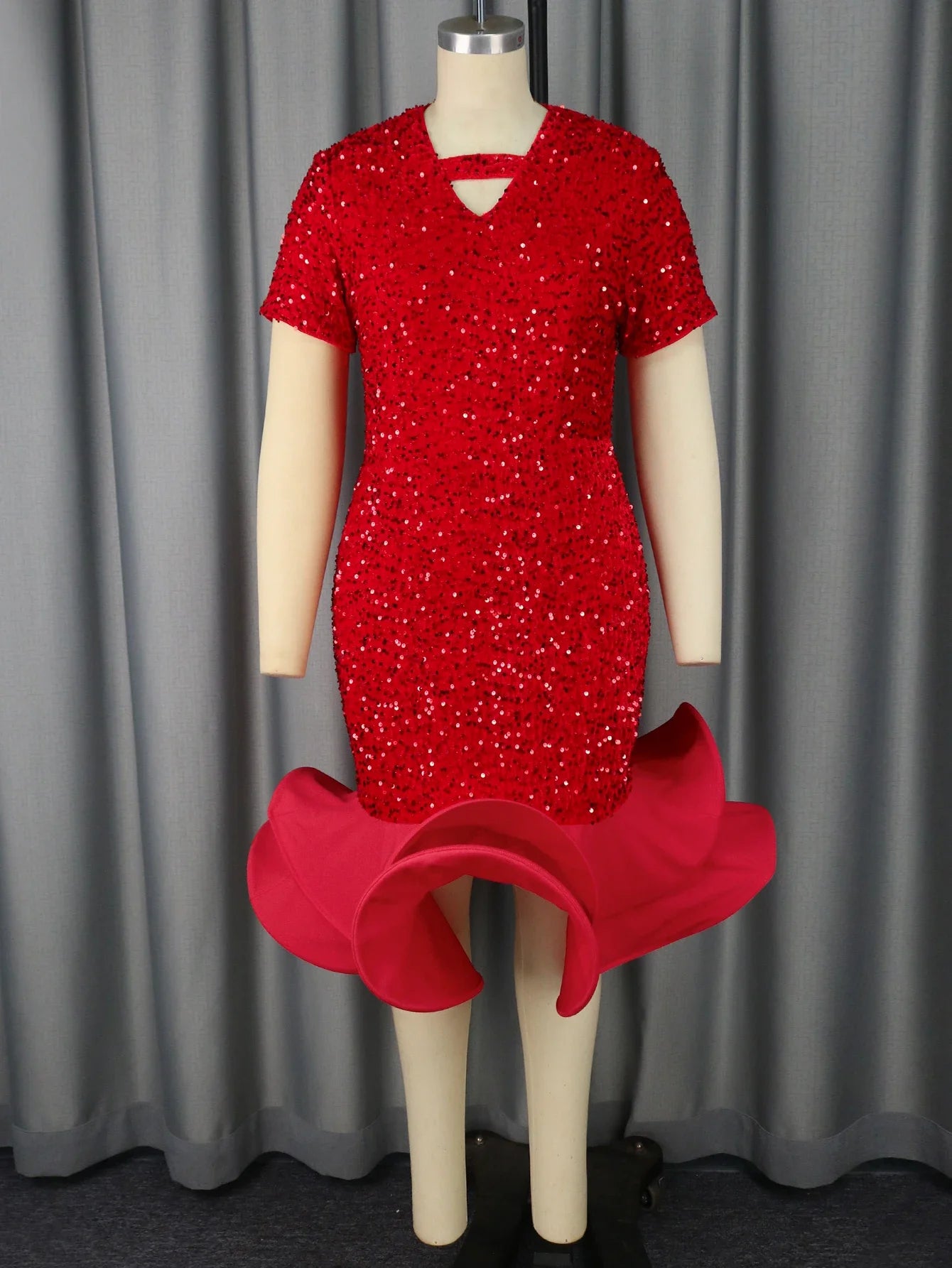 Sequined Velvet Elegant Church Dresses for Women Event Short Sleeve Cut Out V Neck Mermaid Ruffle Wedding Guest Evening Birthday