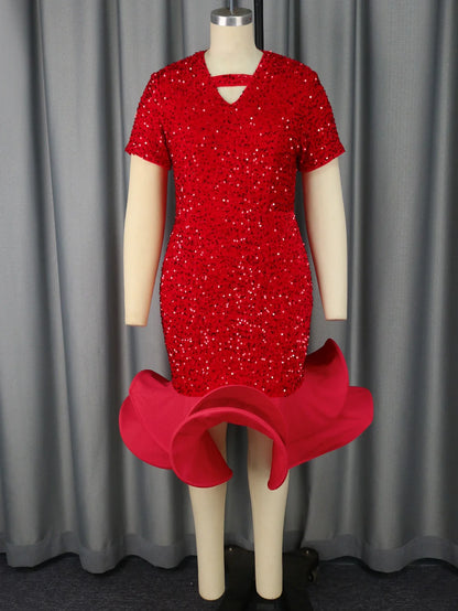 Sequined Velvet Elegant Church Dresses for Women Event Short Sleeve Cut Out V Neck Mermaid Ruffle Wedding Guest Evening Birthday