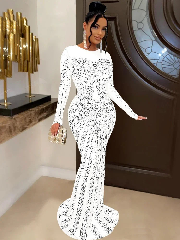 XIZOU Women Mesh Patchwork Diamonds Hot Rhinestones Floor Length Bodycon Mermaid Maxi Dress Sexy Party Evening Vestidos 2024