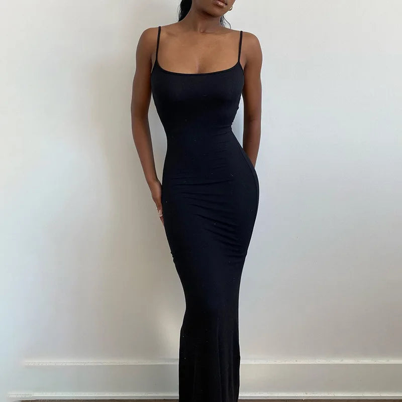 Slim Black Knitted LONG Dress Summer Solid Women Dress Ultimate Waist To Hip Ratio Sling Dress blue sexy pink casual outfit