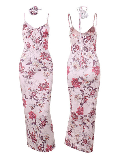 Floral Print Backless Maxi Dress
