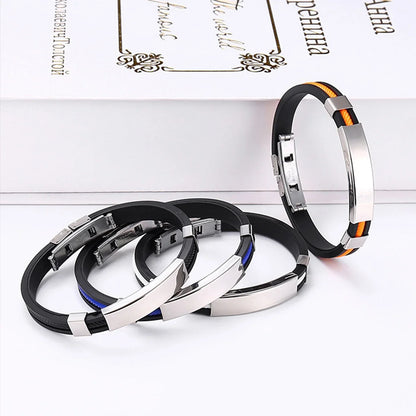 Fashion Bracelets Vintage Black Rubber Wristband Silicone Stainless Steel Men Bracelets Bangles Jewelry