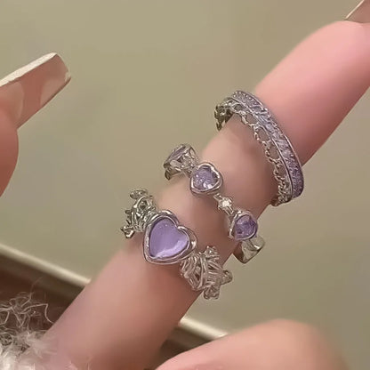New Y2K Purple Crystal Irregular Heart Rings for Women Kpop Creative Heart Geometric Open Ring Punk Vintage Fashion Jewely Gifts