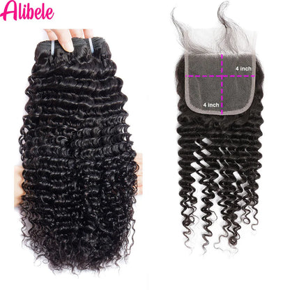 Alibele 5x5 Lace Closure With Bundles Peruvian Deep Curly Hair Bundles With 4x4 Lace Closure Remy Human Hair Bundles WithClosure