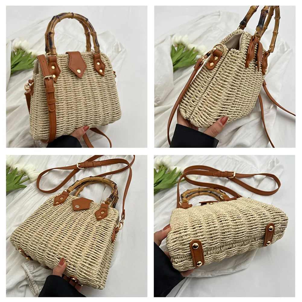 Hand-Woven Bamboo Handle Beach Bag