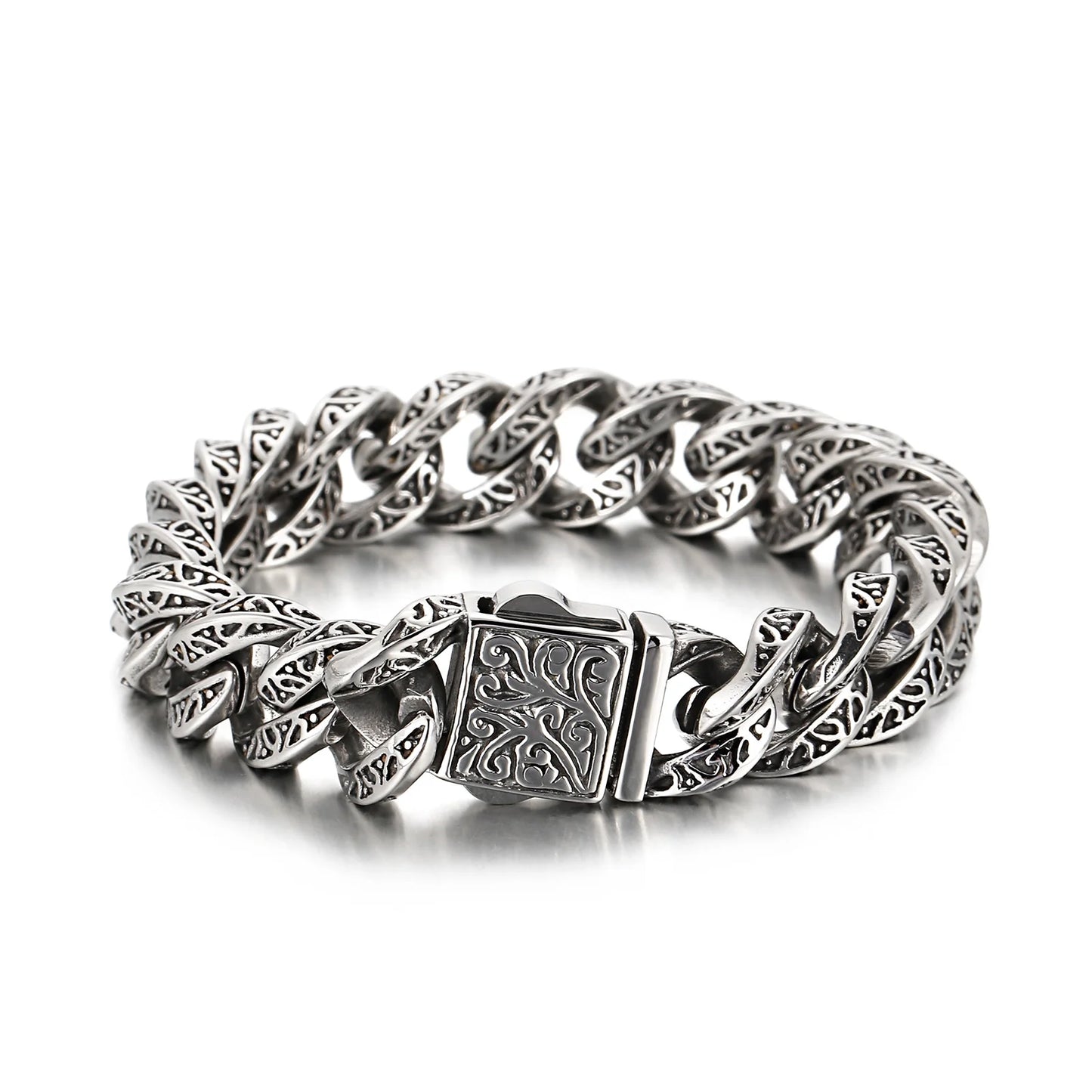 Vintage Sculpture Cuban Cuff Bracelet Stainless Steel Custom Charms Curb Link Chain Men Bracelets